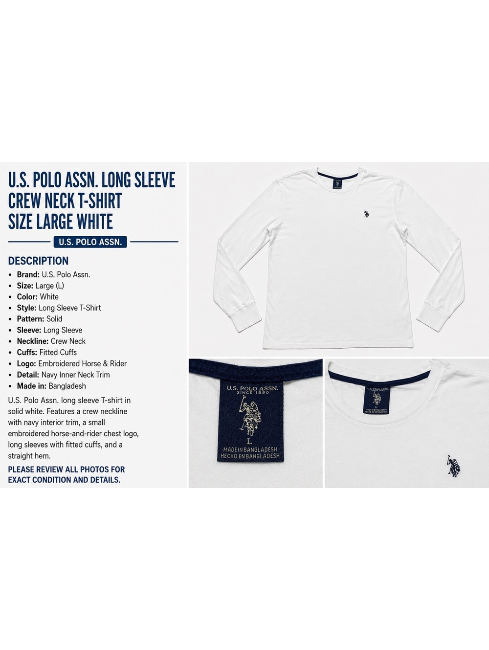 U.S. Polo Assn Size L White Long Sleeve Crew Neck T-Shirt Embroidered Logo